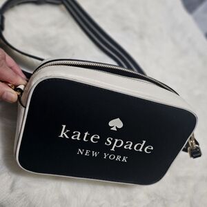 Kate Spade New York Staci Saffiano Leather Camera Bag -Black/White Striped Strap